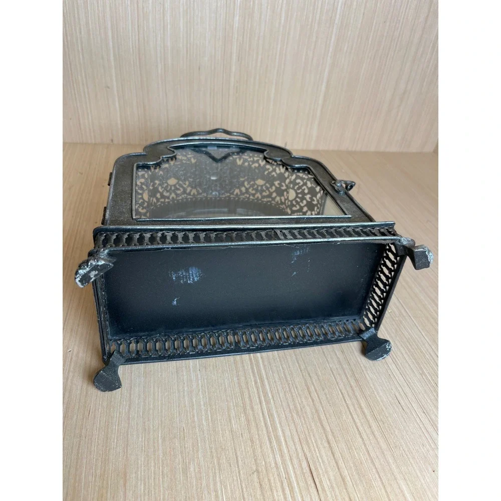 Vintage Moroccan Style Ornate Silver Metal Glass Filigree Candle Lantern Holder